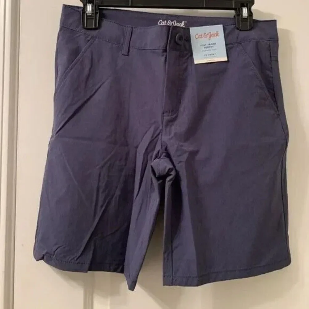 Cat & Jack Boys Quick Dry Chino Shorts Blue Button Zip w Pockets Size 12 Husky